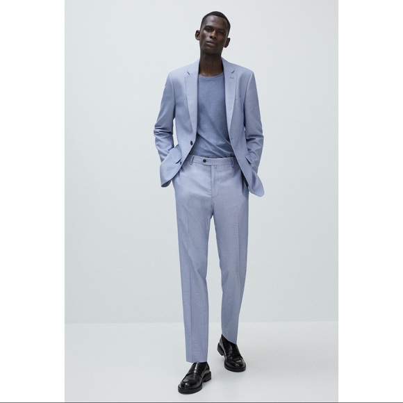 ZARA Cool Comfort Wool Blend Textured Woven Lined Preppy Suit Blazer Light Blue - Picture 3 of 16